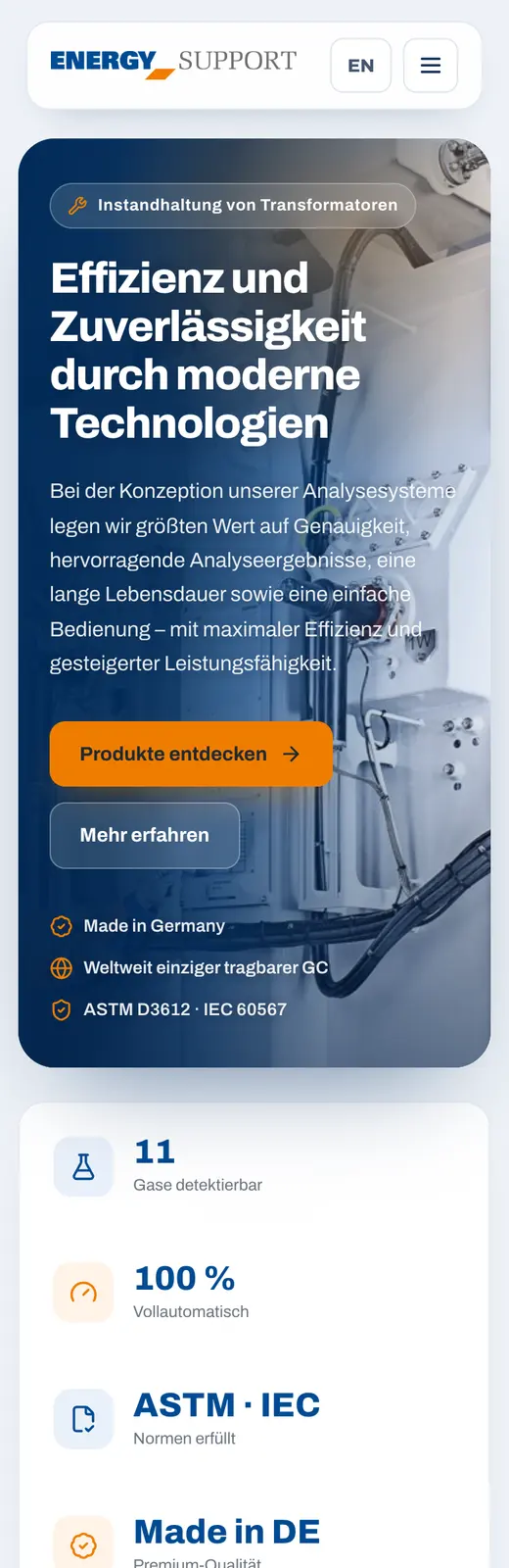 Website von Energy Support in der Handy-Ansicht – mobil optimiert von Forestisland