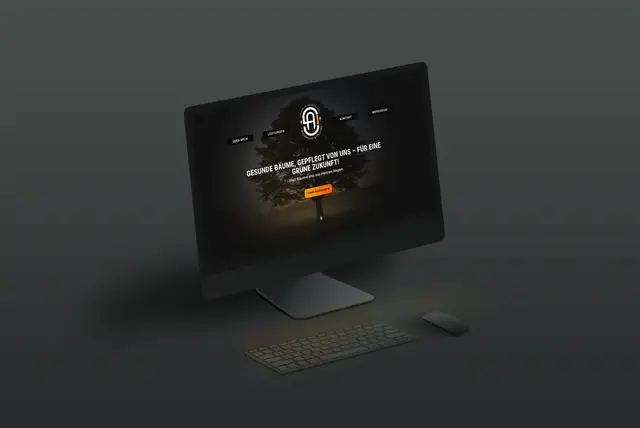 Startseite der Website von Baumpflege Angermund mit neuem Logo auf einem iMac – Branding und Webdesign